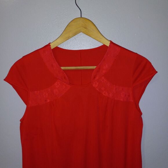 Shadowline Small Cap Sleeve Gown-Bright Red-100% Nylon-Vintage-Lace-USA Made - Picture 3 of 8